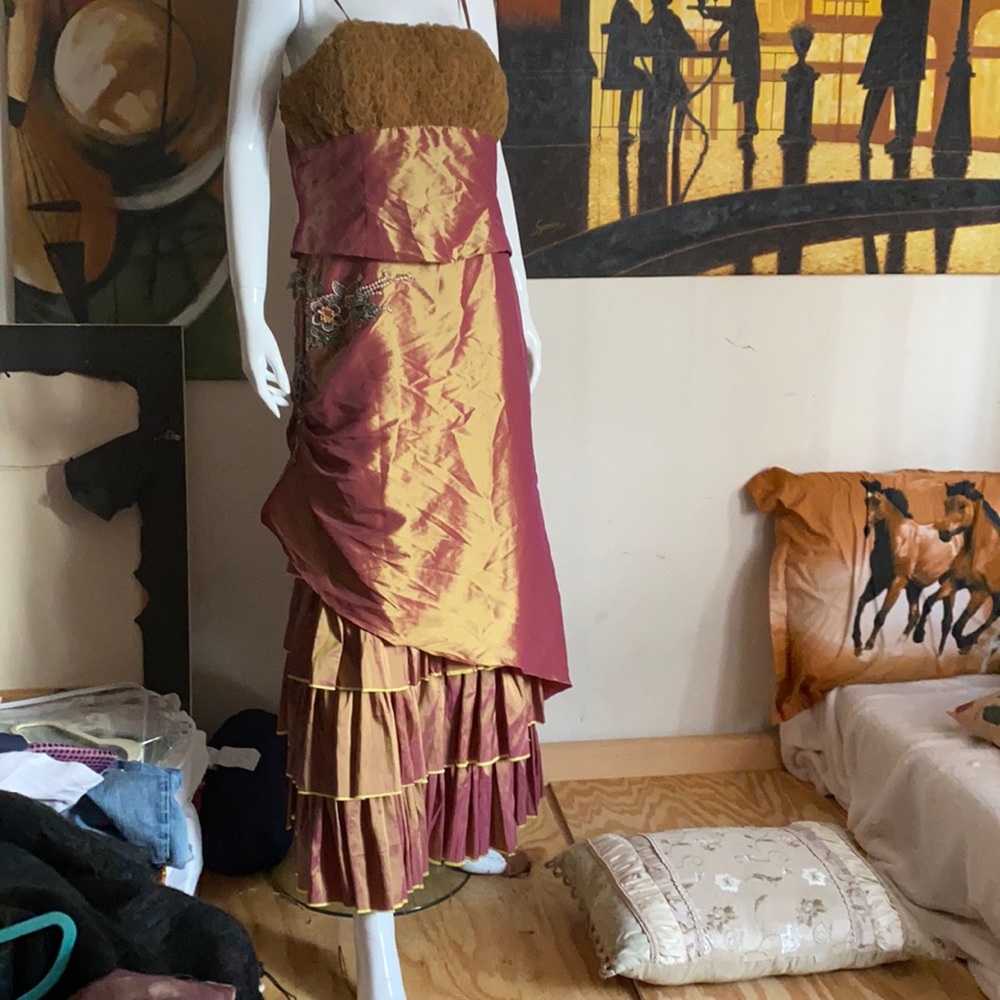 Fun, unique,  copper multi-layered gown by Dela-Jo